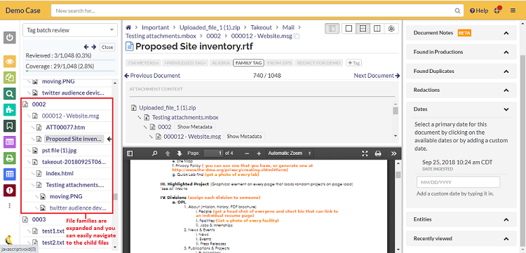Navigation for review set with child files