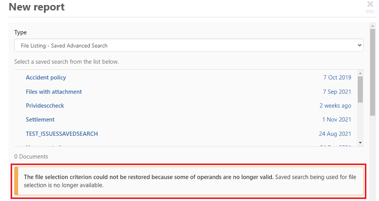 Reselect file selection criteria warning message