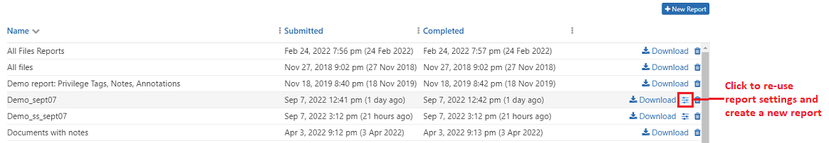Click to re-use report settings to create a new report