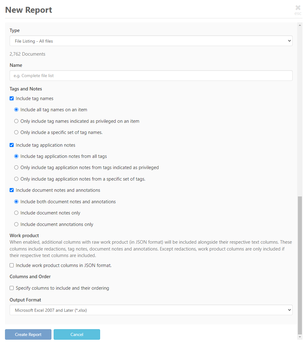 Include tag names, application notes, document notes, and annotations