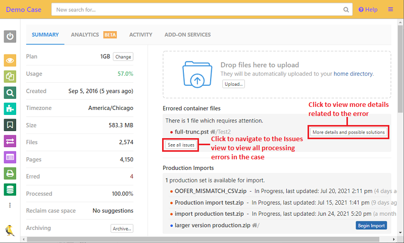 Viewing container errors from the overview screen