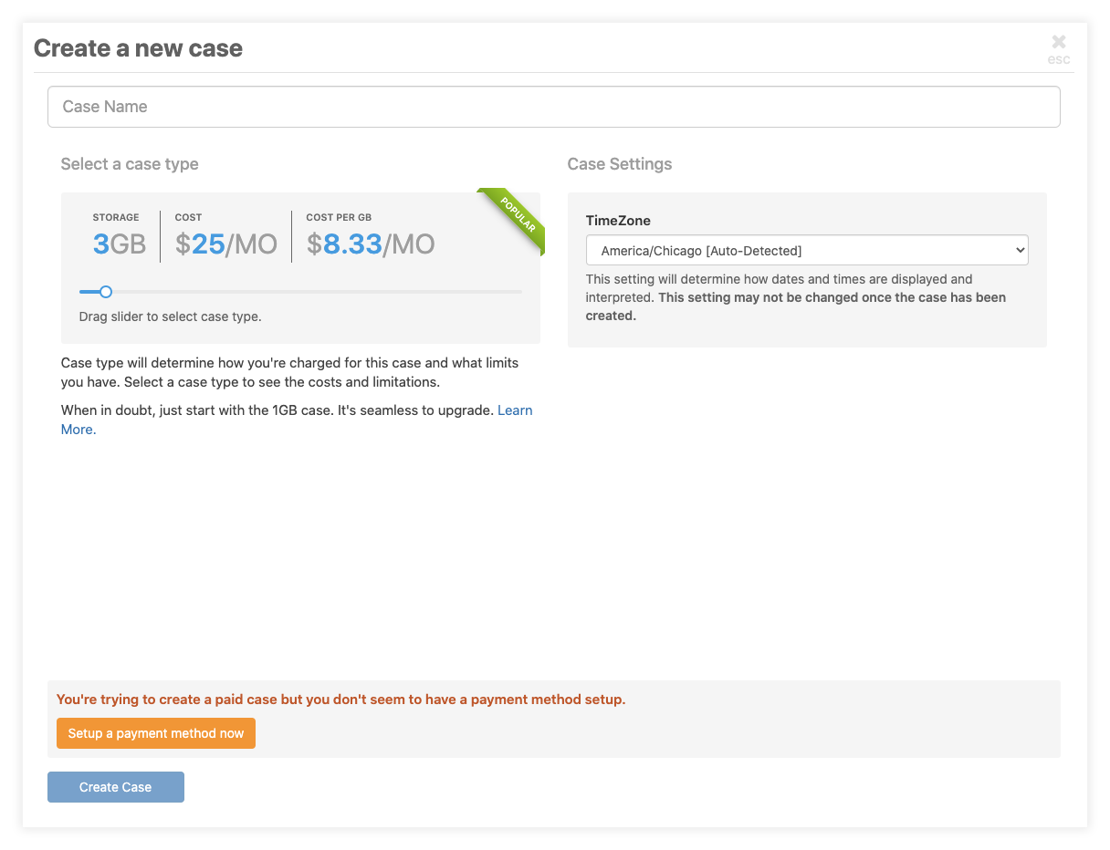 Add in the details of your new case
