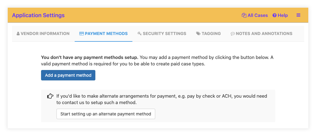 Add a payment method in the Payment Methods Tab