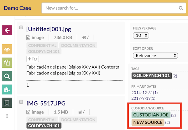 Filter results by sources and custodians