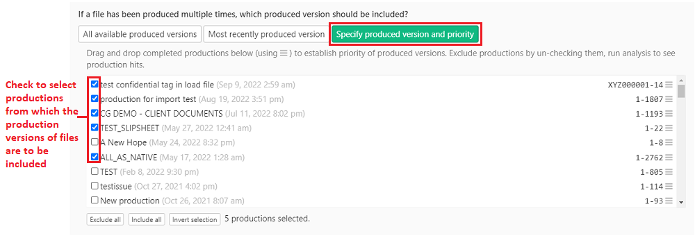 Select productions from list