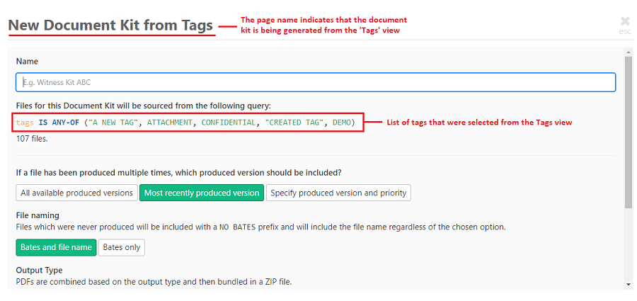 Create document kit screen from tags view