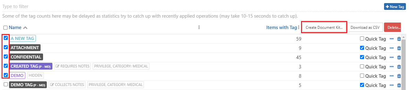 Select tags for document kit