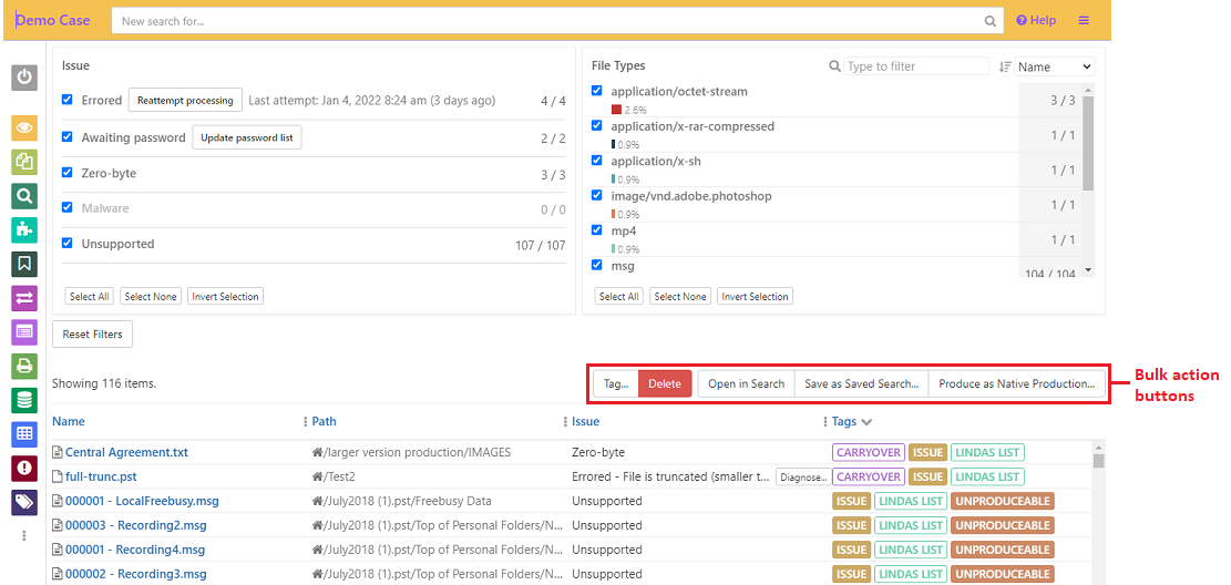 Click on the action buttons to perform functions in bulk