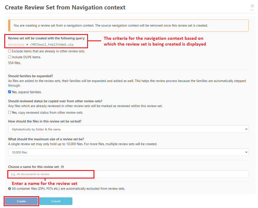 Enter a name for the review set