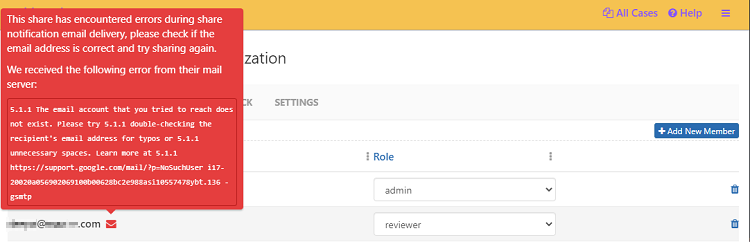 Errored email address during add process