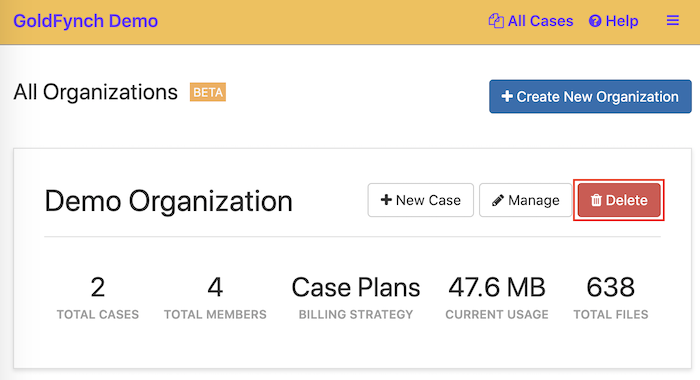 Click on the delete button against the organization you wish to delete
