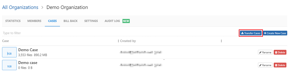 Click on the transfer button from the cases tab of your organization