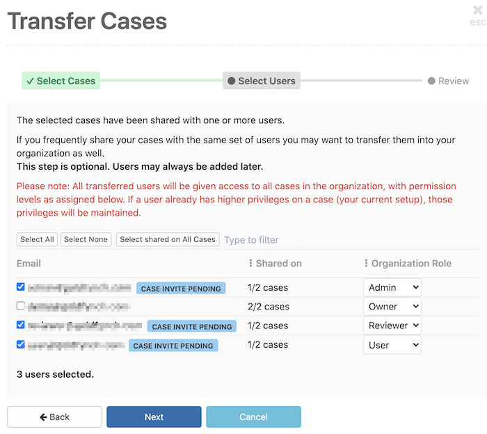Choose the users to transfer