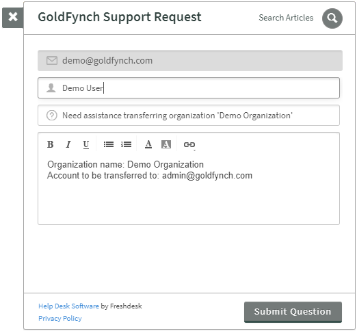 Enter details of the organization to be transferred and the account to be made Owner