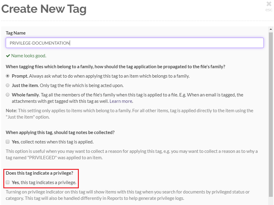 Enter name for privilege tag