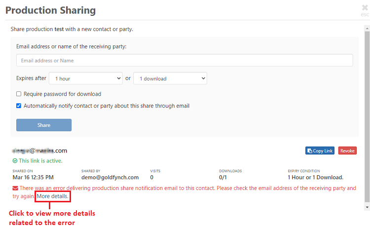 Production sharing error details