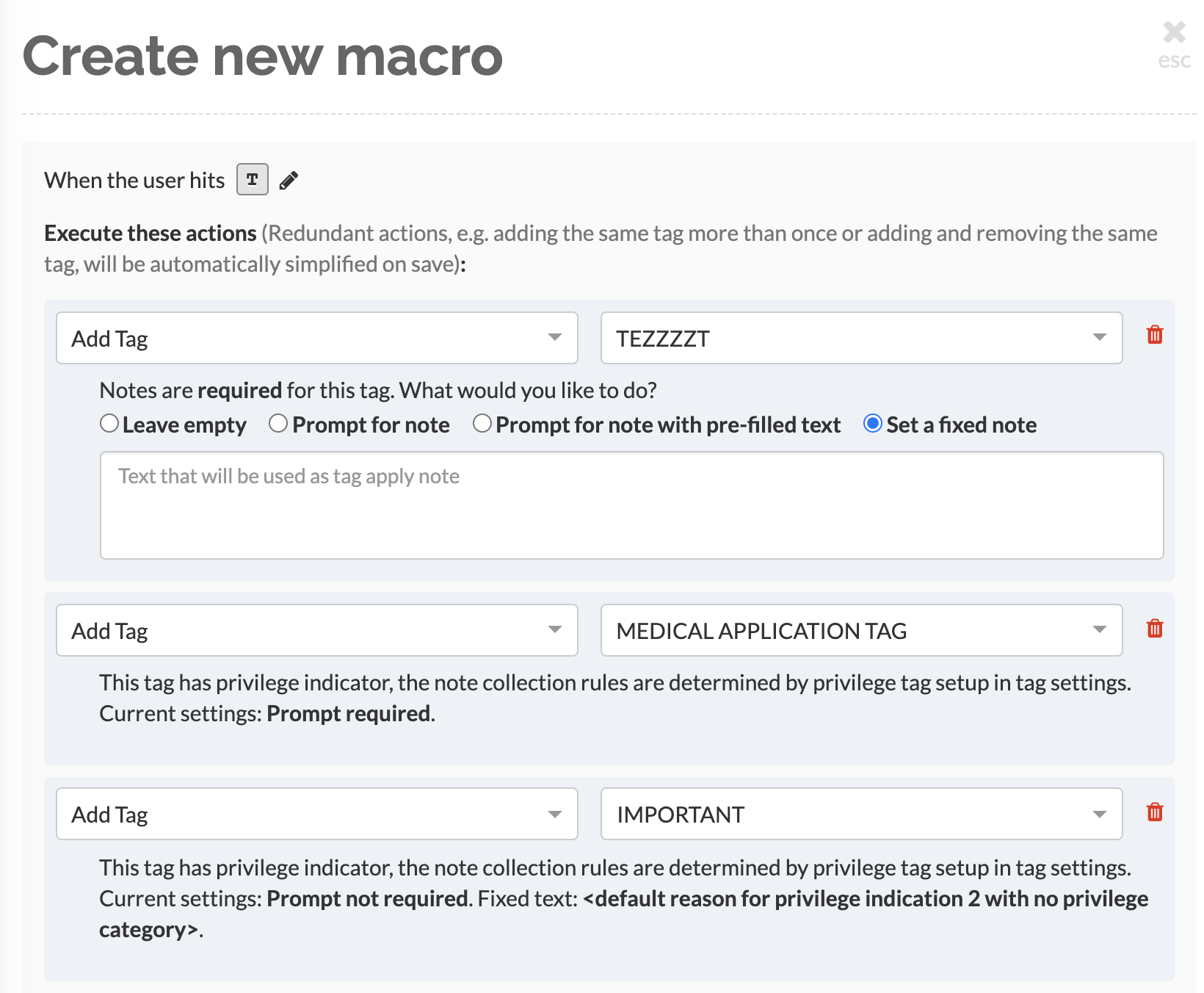 Privilege tag notes settings