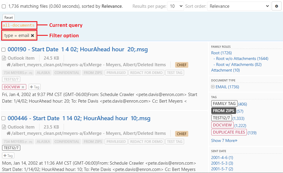Results filter by Email type