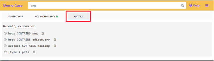 Recent searches from the history tab