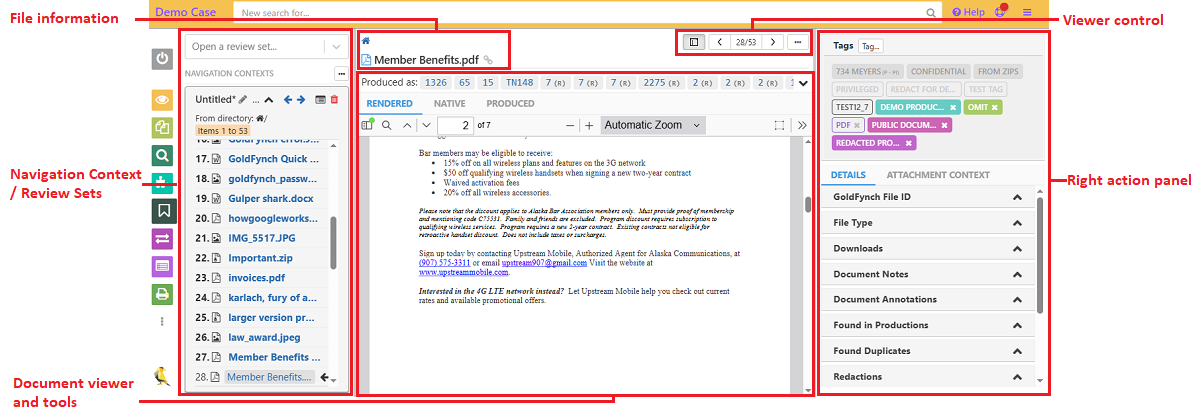 Different sections of the Document Viewer